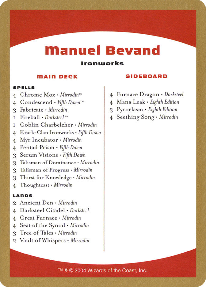 Manuel Bevand Decklist [World Championship Decks 2004] | Arkham Games and Comics