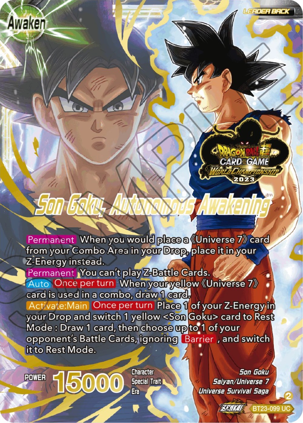 SSB Son Goku // Son Goku, Autonomous Awakening (2023 Worlds ZENKAI 06 Leader Set) (BT23-099) [Tournament Promotion Cards] | Arkham Games and Comics