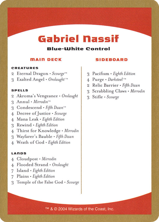 Gabriel Nassif Decklist [World Championship Decks 2004] | Arkham Games and Comics