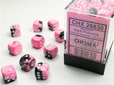 Gemini® 12mm d6 Black-Pink/white Dice Block™ (36 dice) | Arkham Games and Comics