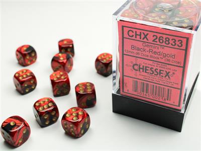 Gemini® 12mm d6 Black-Red/gold Dice Block (36 dice) | Arkham Games and Comics