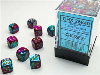 Gemini® 12mm d6 Purple-Teal/gold Dice Block™ (36 dice) | Arkham Games and Comics