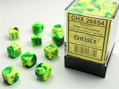 Gemini® 12mm d6 Green-Yellow/silver Dice Block™ (36 dice) | Arkham Games and Comics