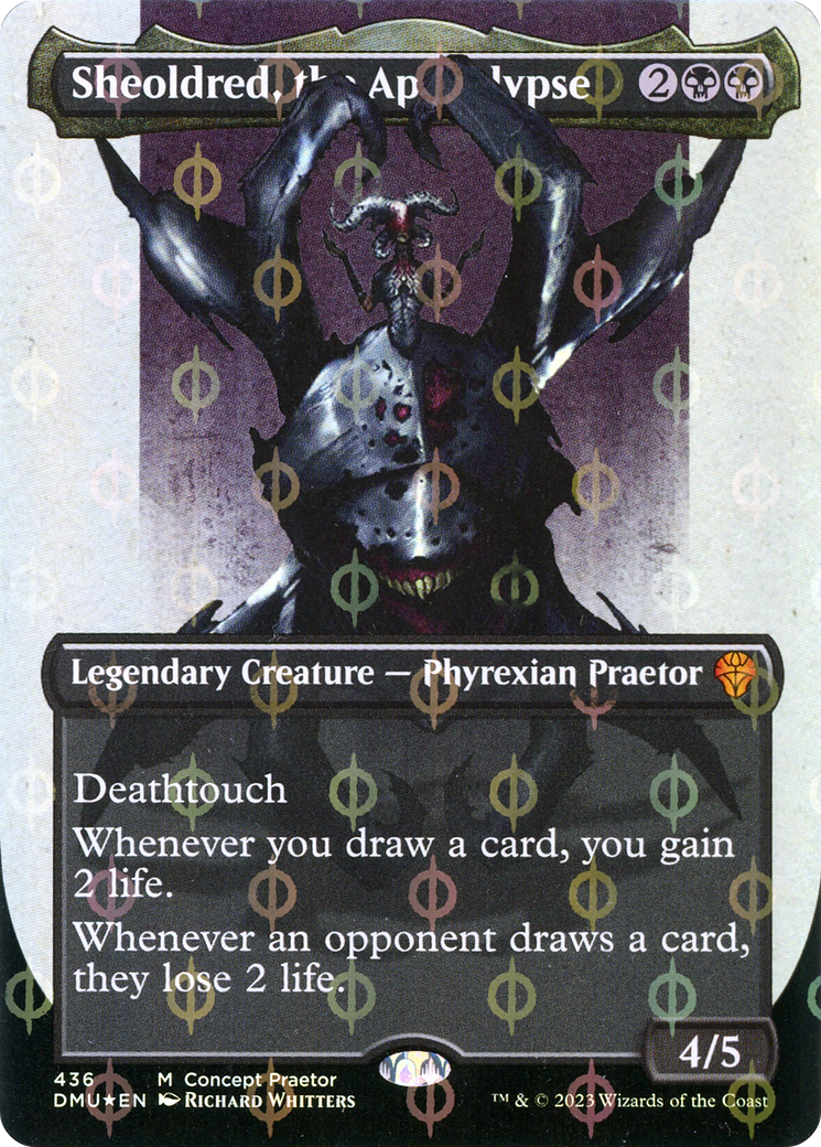 Sheoldred, the Apocalypse (Borderless Concept Praetors Step-and-Compleat Foil) [Phyrexia: All Will Be One] | Arkham Games and Comics
