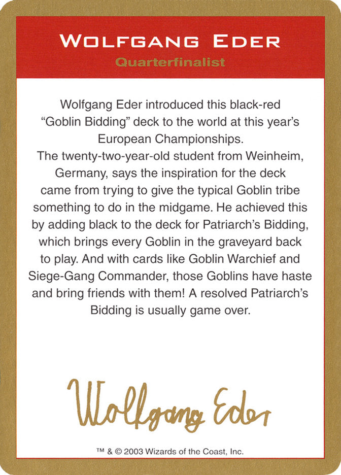 Wolfgang Eder Bio [World Championship Decks 2003] | Arkham Games and Comics