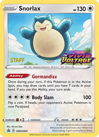 Snorlax (SWSH068) (Staff Prerelease Promo) [Sword & Shield: Black Star Promos] | Arkham Games and Comics