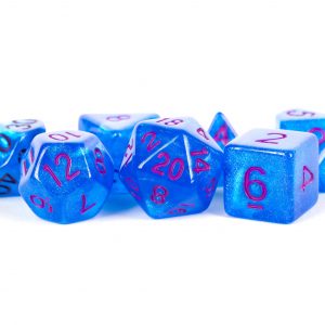 Metallic Dice Games Stardust Blue w/ Purple Numbers 16mm Polyhedral Dice Set | Arkham Games and Comics