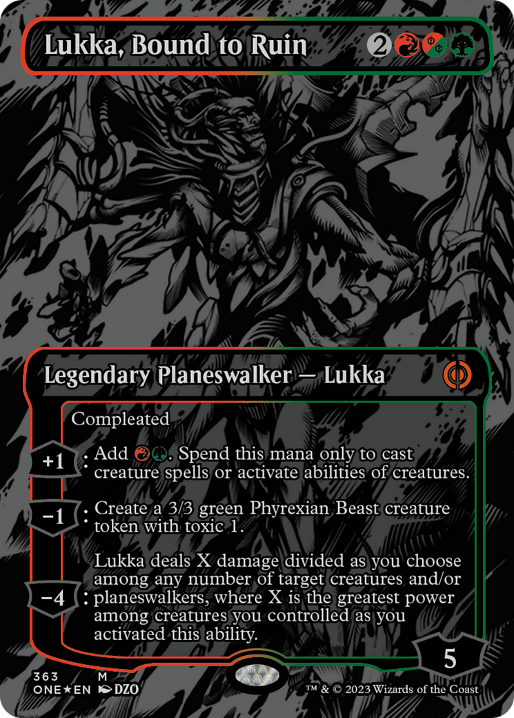 Lukka, Bound to Ruin (Oil Slick Raised Foil) [Phyrexia: All Will Be One] | Arkham Games and Comics