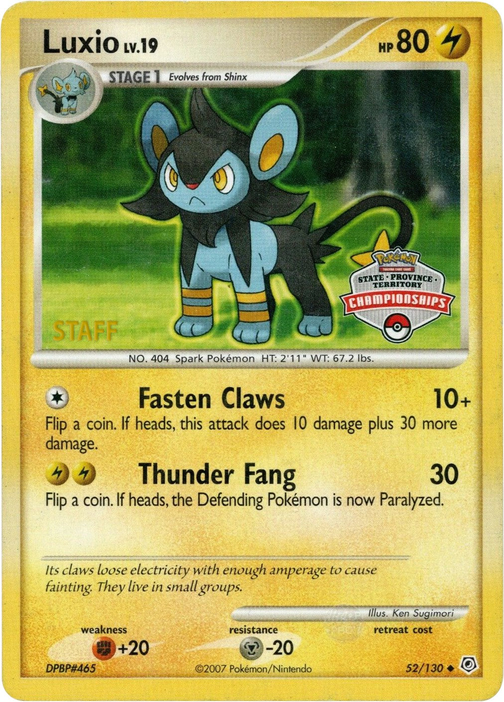 Luxio (52/130) (State Championship Staff Promo) [Diamond & Pearl: Base Set] | Arkham Games and Comics