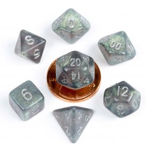 Metallic Dice Games Stardust Gray w/ Silver Numbers 10mm Mini Poly Dice Set | Arkham Games and Comics