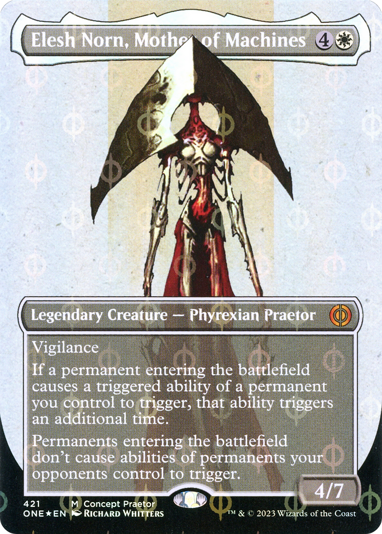 Elesh Norn, Mother of Machines (Borderless Concept Praetors Step-and-Compleat Foil) [Phyrexia: All Will Be One] | Arkham Games and Comics