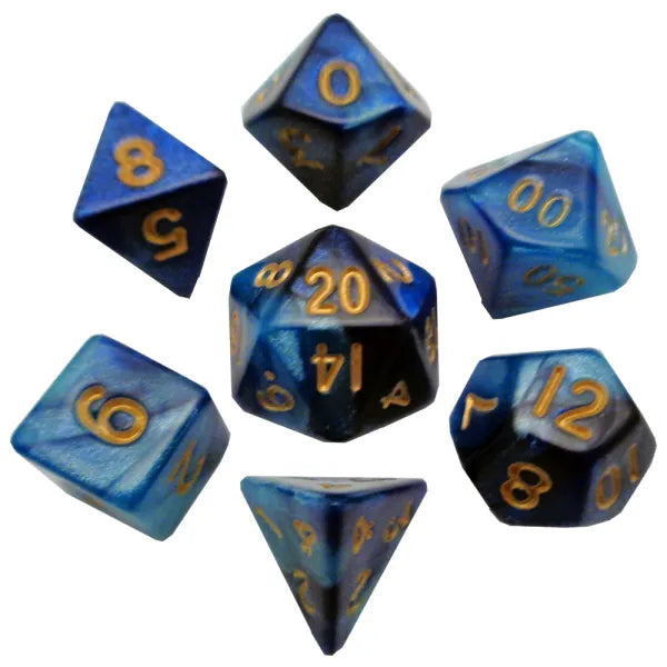 Metallic Dice Games Blue/Light Blue with Gold Numbers 10mm Mini Polyhedral Dice Set | Arkham Games and Comics