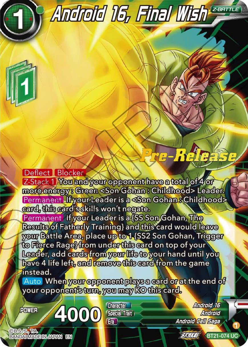 Android 16, Final Wish (BT21-074) [Wild Resurgence Pre-Release Cards] | Arkham Games and Comics