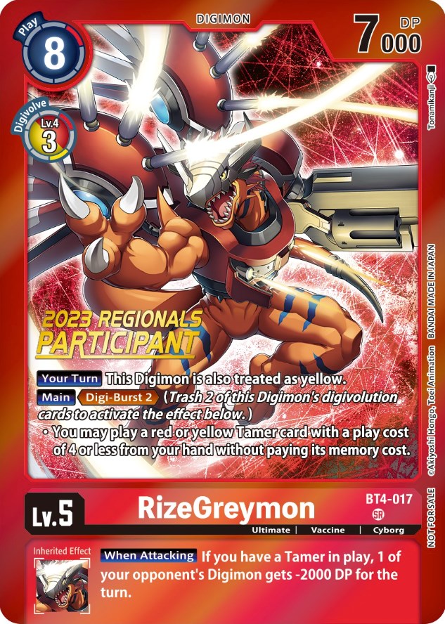 RizeGreymon [BT4-017] (2023 Regionals Participant) [Great Legend Promos] | Arkham Games and Comics