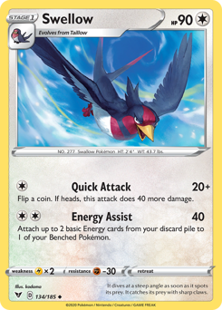 Swellow (134/185) [Sword & Shield: Vivid Voltage] | Arkham Games and Comics