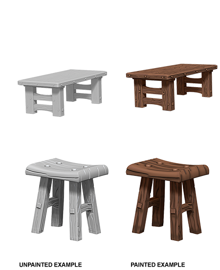 WizKids Deep Cuts Unpainted Miniatures: Wooden Table & Stools | Arkham Games and Comics