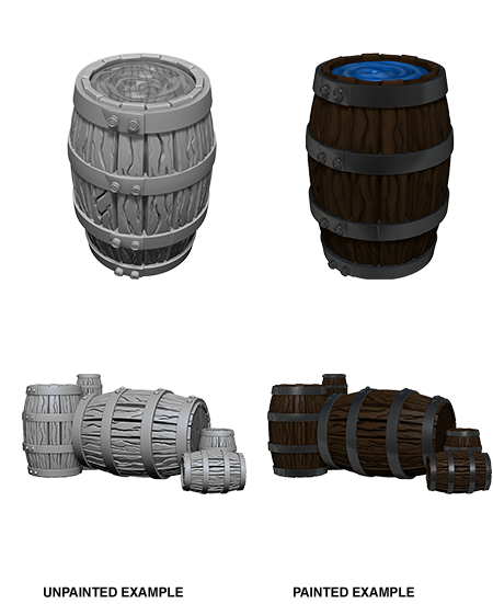 WizKids Deep Cuts Unpainted Miniatures: Barrels & Pile of Barrels | Arkham Games and Comics