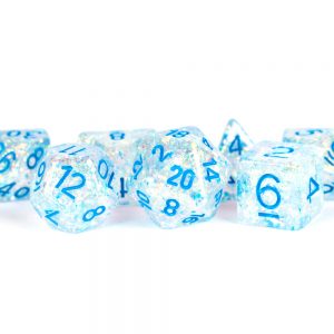 Metallic Dice Games 16mm Resin Flash Dice Poly Dice Set: Clear with Light Blue Numbers | Arkham Games and Comics