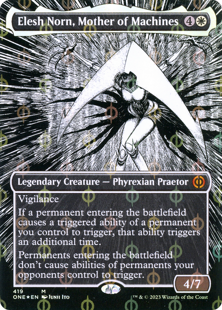 Elesh Norn, Mother of Machines (Borderless Manga Step-and-Compleat Foil) [Phyrexia: All Will Be One] | Arkham Games and Comics