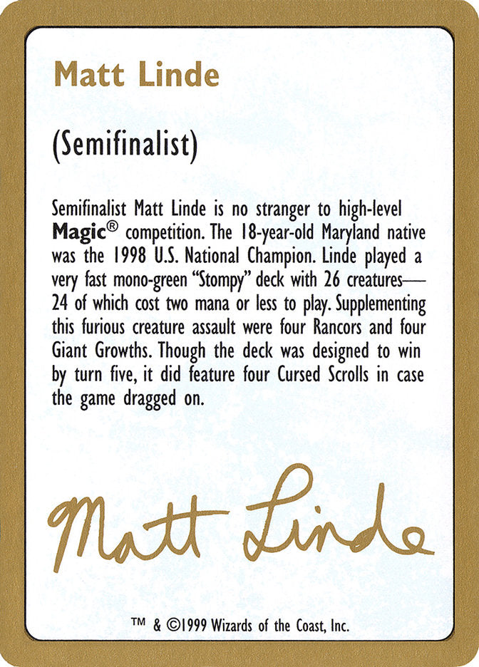 Matt Linde Bio [World Championship Decks 1999] | Arkham Games and Comics