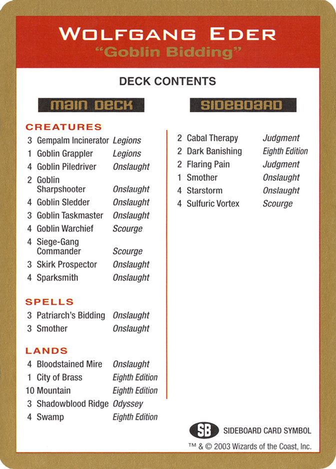 Wolfgang Eder Decklist [World Championship Decks 2003] | Arkham Games and Comics