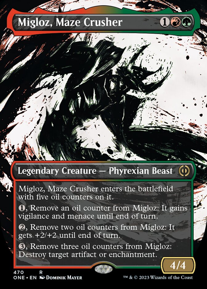 Migloz, Maze Crusher (Borderless Ichor Step-and-Compleat Foil) [Phyrexia: All Will Be One] | Arkham Games and Comics