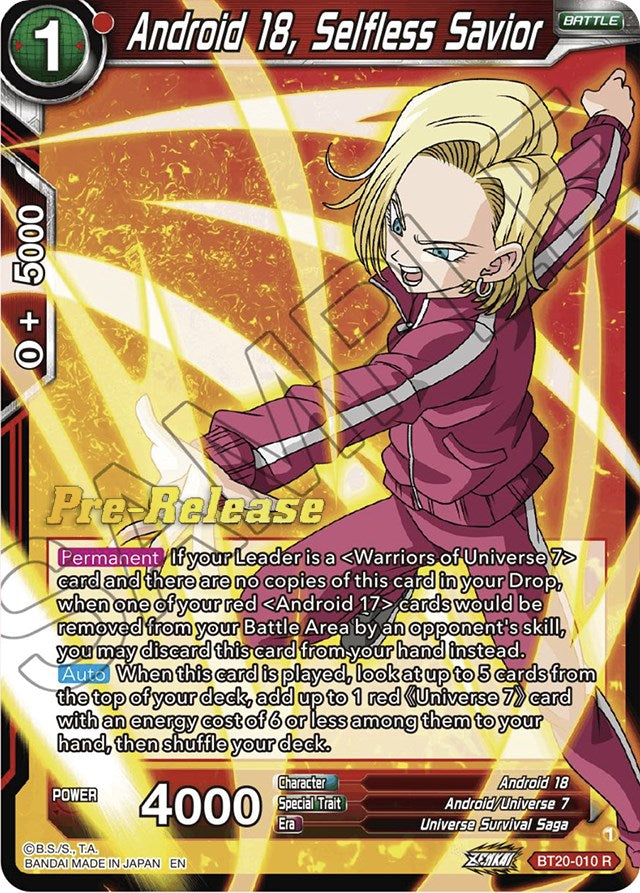 Android 18, Selfless Savior (BT20-010) [Power Absorbed Prerelease Promos] | Arkham Games and Comics